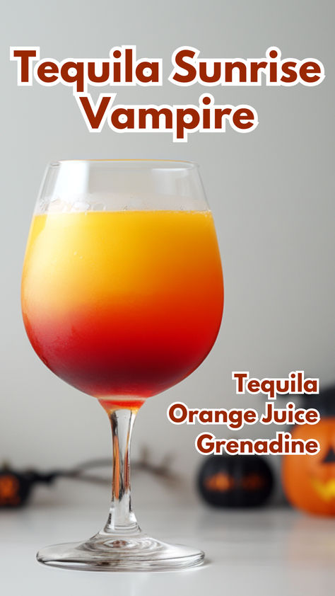 Tequila Sunrise Vampire Tequila Halloween Drinks, Red Halloween Drinks Alcohol, Halloween Party Drinks Tequila, Spooky Drinks Tequila, Non Alcoholic Tequila Sunrise, Tequila Orange Juice, Sunrise Drink, Grenadine Cocktail, Fun Halloween Drinks