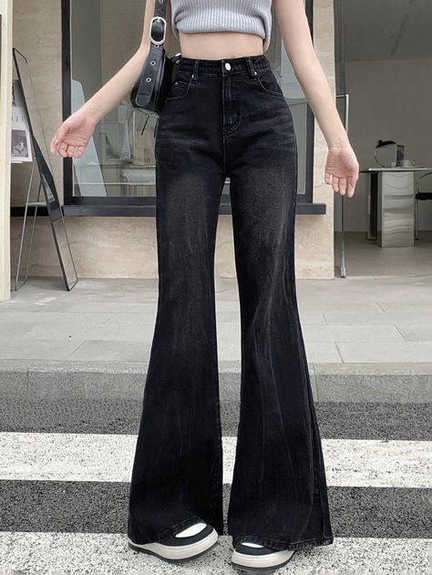 Black Casual Collar  Denim Plain Flare Leg Embellished Non-Stretch  Women Clothing Outfits With Flare Jeans, Outfit With Flare Jeans, Outfits With Flares, Cutbray Jeans, Black Flared Jeans, Acubi Fashion, Black Flare Jeans, Buying Stuff, Black Flare