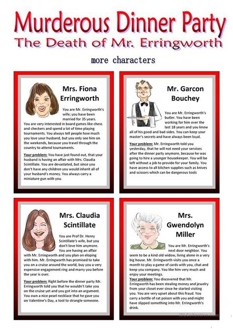 Murderous Dinner Party - ROLEPLAY - Conversation Cards - 7 Pages - English ESL Worksheets Speaking Activities Esl, Speaking Activity, Mystery Dinner Party, Esl Vocabulary, Mystery Dinner, Conversation Cards, Speaking Activities, Vocabulary Practice, Detective Story