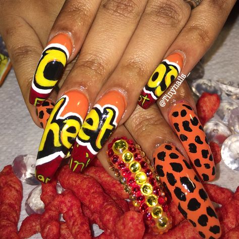 Cheetos Nails, Cheeto Nails, Hot Cheetos Nails, Hot Cheetos Makeup, Hot Cheetos Aesthetic Outfits, Flaming Hot Cheetos Nails, Hot Cheetos Wallpaper, Cheetos Earrings, Chip Nails