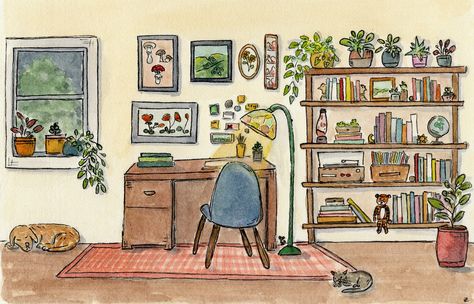 Study Room Drawing, Yellow Accent Wall, Cozy Drawing, Watercolor Room, Office Drawing, Cozy Study, Lush Plants, Bedroom Drawing, Cozy Home Office