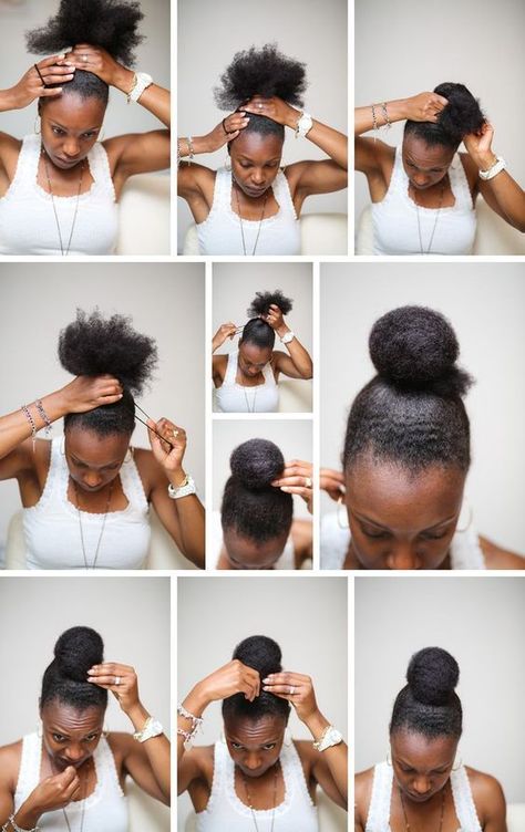 How to easily do a bun on natural hair without using a hair donut. Bun On Natural Hair, Cabello Afro Natural, Hair Donut, Natural Hair Bun Styles, Protective Hairstyles For Natural Hair, 4c Natural Hair, Pelo Afro, High Bun, Natural Hair Styles Easy