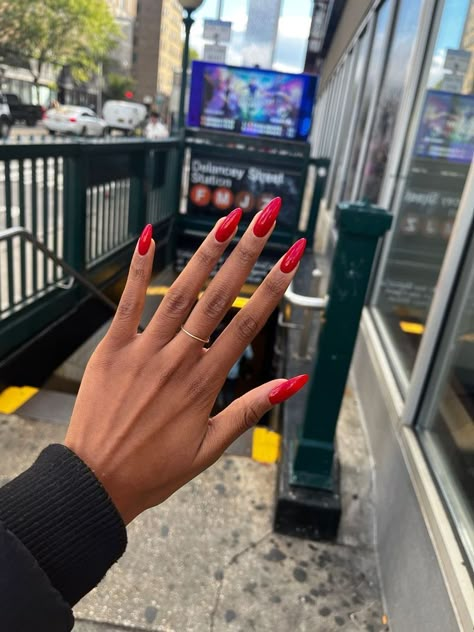 Red Gel Overlay Nails, Red Nail 2023, Brown Hand Nails, Red Badem Nails, Long Almond Gel Nails, Red Almond Nails Black Women, Red Nails On Black Girls, Red Nails For Brown Skin, Gel X Red Nails