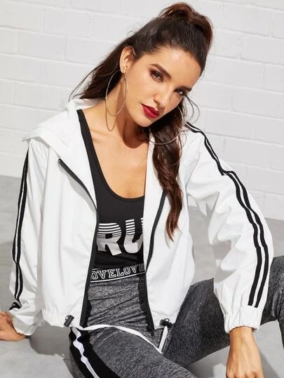 Chevron Colorblock Zip Up Jacket | SHEIN USA Adidas Outfits, Streetwear Jackets, Windbreaker Jacket Women, Outwear Women, Adidas Sportswear, Shorts White, Sports Shorts, Striped Sleeve, White Jacket