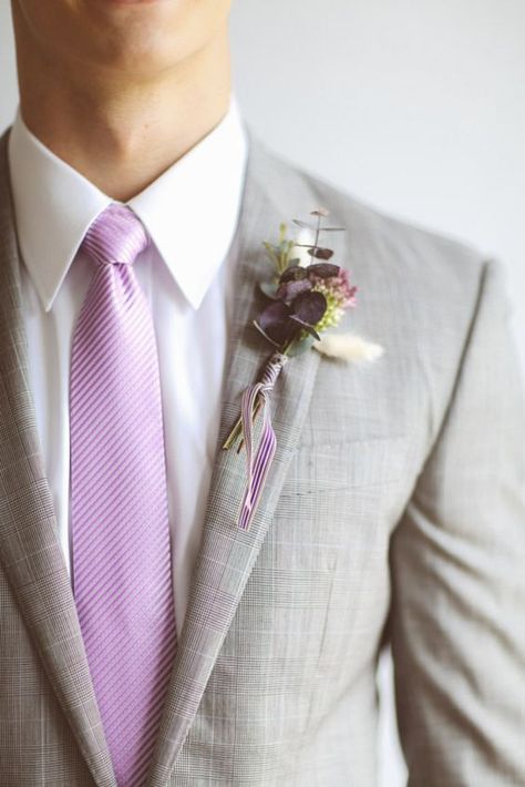 Groomsmen Attire Grey, Wedding Suits Men Grey, Lavender Boutonniere, Succulents Wedding, Braided Dress, Purple Tree, Purple Stuff, Lilac Wedding, Allure Bridals