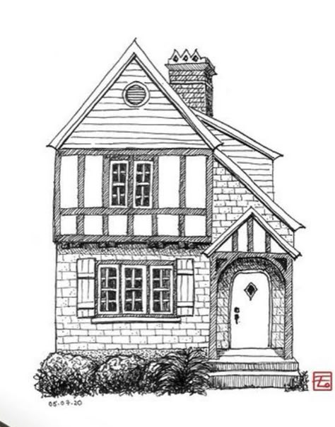 Vintage House Drawing, How To Draw A House, Architecture Drawing Easy, Old House Drawing, Simple House Sketch, Cute House Drawing, House Drawing Sketches, Drawings Of Houses, House Drawing Ideas