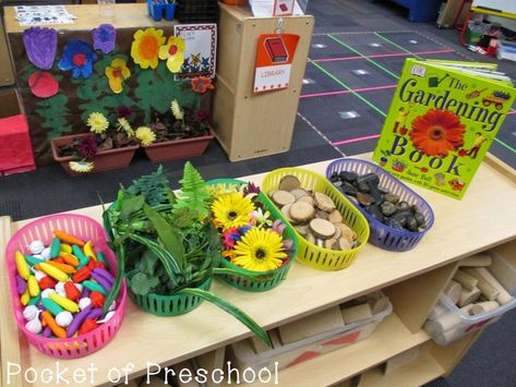 Veggie counters, leaves, flowers, tree circles, rocks, and non-fiction books to support block building during a farm study by Pocket of Preschool Plan Do Review, Block Center Preschool, Blocks Center, Farm Math, Centers For Preschool, Preschool Farm, Preschool Math Centers, Pocket Of Preschool, Farm Theme Preschool