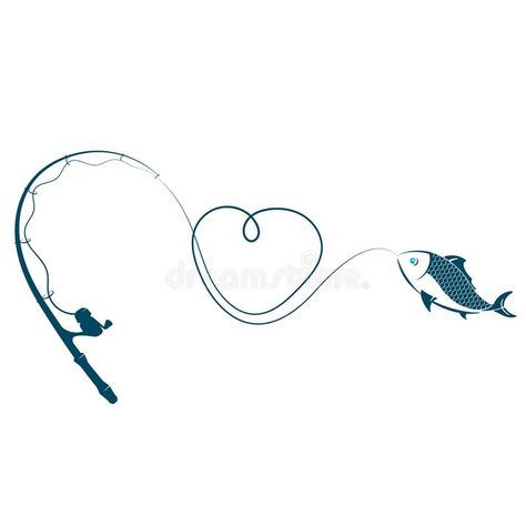 Fishing rod heart and fish stock vector. Illustration of lure - 118262461 Fishing Tattoos For Couples, Matching Fishing Tattoos Couples, Fishing Rod And Hook Tattoo, Small Fishing Tattoo, Fishing Rod Tattoo Design, Fish Hook Tattoos, Small Fishing Lure Tattoo, Fishing Rod Tattoo Ideas, Fishing Line Tattoo Ideas