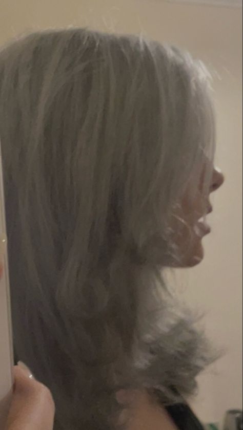 Silver grey hair with dark grey at the ends blended well and easy to do it has been curled at the end to show definition and flow Hair Dye Ideas Silver, Silver Hair Girl Aesthetic, Dyed Grey Hair, Silver Hair Aesthetic, Light Silver Hair, Permanent Pink Hair Dye, Permanent Purple Hair Dye, Permanent Red Hair Dye, Silver Hair Girl