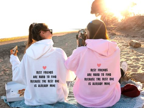 * Best Friends Hoodie *  A unisex heavy blend hooded sweatshirt is relaxation itself. The material is a thick blend of cotton and polyester. This makes for a plush, soft feel alongside warmth. It's also a great surface for printing. There are no side seams. A spacious kangaroo pocket hangs in front. The hood's drawstring is the same color as the base sweater. MATERIALS: -50% cotton, 50% polyester - Medium-heavy fabric (8.0 oz/yd² (271.25 g/m SIZING: - Classic fit - Runs true to size - Sizing up 2-3 sizes gives an oversized looK - Please refer to the size chart to find the right fit for your style.  CARE INSTRUCTIONS: - Wash item inside out in cold water, do not bleach, do not dry clean, do not iron directly on the design. Tumble dry low. COLOR DISCLAIMER: -Colors may seem different on the Bff Hoodies Aesthetic, Matching Hoodies For Best Friends Aesthetic, Best Friend Hoodies For 2, Matching Sweatshirts For Best Friends, Matching Hoodies For Best Friends, Matching Best Friend Hoodies, Bestie Sweatshirts, Bestie Hoodies, Friend Sweatshirts