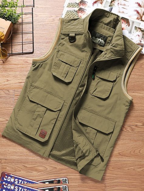 Khaki Street  Sleeveless Polyester Plain Vest  Non-Stretch Spring/Fall Men Outerwear Mens Sleeveless Jacket, Multi Pocket Vest, Adidas Outfit Women, Stand Collar Top, Pocket Vest, Half Jacket, Jeans Outfit Women, Men Stylish Dress, Cargo Jacket