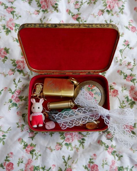 My trinket box ⭐️ #trinkets #box #thirfted #vintage #jewellerybox Trinket Pouch, Altoid Wallet, Vintage Trinkets, Trinket Jewelry, Pinterest Contest, Antique Finds, Vintage Jewelry Box, Funky Jewelry, June 16