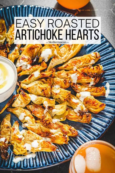 Roasted artichoke hearts made with canned artichokes, olive oil, salt, and pepper. Serve with creamy feta dressing for an easy appetizer. Canned Artichoke Recipes, Artichoke Hearts Recipe, Mediterranean Sides, Canned Artichokes, Roasted Artichoke Hearts, Artichoke Appetizer, Artichoke Heart Recipes, Feta Dressing, Baked Artichoke