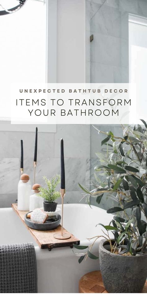 Take your bath tub decor to the next level with this easy bathroom tray decor.  Check out my blog for details and links. Freestanding Bathtub Decor Ideas, Master Tub Decor Ideas, Free Standing Tub Decorating Ideas, Bathtub Side Table Ideas, Decor Around Bathtub Master Bath, Master Tub Decor, Bathtub Tray Decor, Freestanding Bathtub Decor, Bathtub Styling