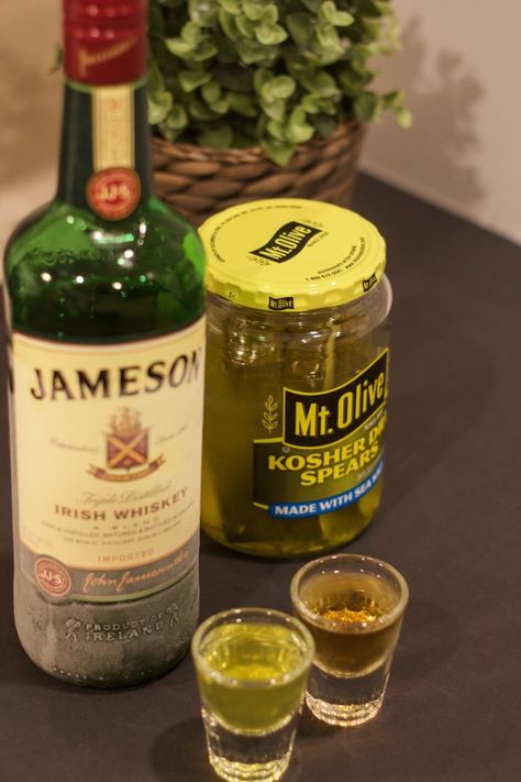 Pickle Back shot. made with Jameson and pickle juice. Yum! Pickle Back Shots, Pickle Back, Cool Drink Recipes, Jameson Whiskey Drinks, Irish Mule, Bartender Recipes, Whiskey Recipes, Jameson Whiskey, Jameson Irish Whiskey