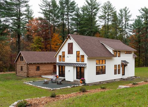 Log Cabin Addition — WINSLOW DESIGN, INC. Log Cabin With Addition, Updated Log Cabin Exterior, Cabin Addition Ideas, Log Cabin Addition Ideas, Log Cabin Addition, Log Cabin Farmhouse, Log Cabin Makeover, Log Cabin Remodel, White Log Cabin