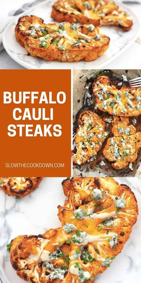 Spicy and tangy, this is an easy way to liven up your cauliflower! This tasty buffalo cauliflower steaks are easy to make and are perfect to serve as an appetizer, main or side dish. Buffalo Cauliflower Steaks, Cauliflower Steaks Recipes, Buffalo Cauliflower Recipes, Grilled Cauliflower, Buffalo Recipe, Baked Steak, Lowering Cholesterol, Spicy Cauliflower, Roasted Cauliflower Soup