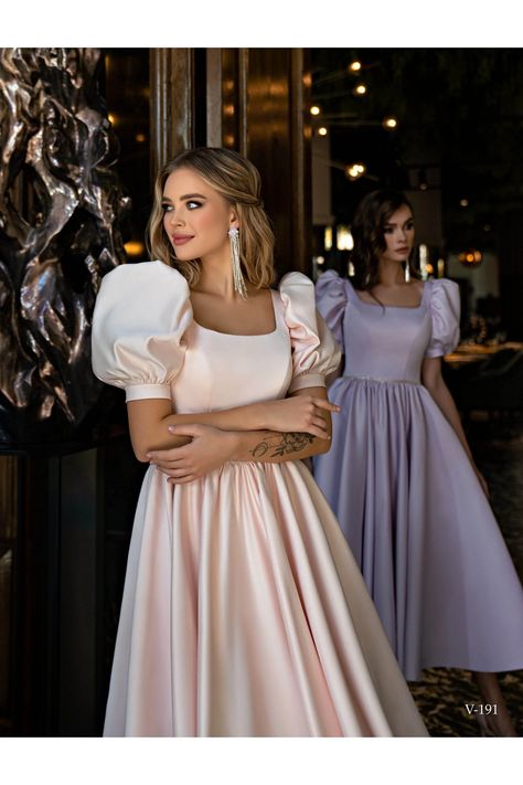 EmaBride V-191 https://www.marelliexclusive.boutique/products/emabride-v-191 Party Dress Inspiration, Puff Sleeve Gown, Dress With Corset, Bridal Shower Outfit, Tea Party Dress, Tea Length Dresses, Bridesmaid Gown, Active Wear Outfits, Lantern Sleeves