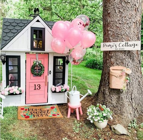 Playhouse Porch Ideas, Kidkraft Lakeside Bungalow Playhouse, Playhouse Flower Bed, Pink Wood Playhouse, Custom Playhouse Backyard, Fairy Cottage Playhouse, Kids Playhouse Decorating Ideas, Playhouse Decorating Ideas Outdoor, Playhouse Outdoor Decor