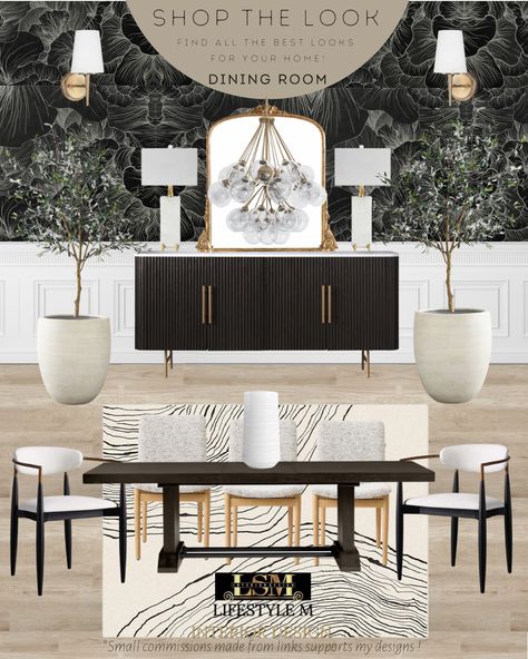 Mood board for a dining room design. Dark Dining Room Wallpaper, Black And White Dining Room Decor, Black And Cream Dining Room, Buffet Lamps Dining Room, Farmhouse Dining Room Design, Nina Takesh, Cream Dining Room, Black Dining Room Table, Black And White Dining Room