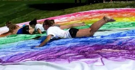 Paint Slip And Slide, Giant Slip And Slide, Otter Art, Color Wars, Slip N Slide, Gallon Of Paint, Barnyard Party, Water Paint, Art Videos Tutorials