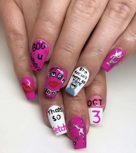 Burn Book Nails, Mean Girl Nails, Holiday Acrylics, Mean Girls Nails, Tv Nails, Nail Art Competition, Book Nail Art, Ig Nails, Girls Nail Designs