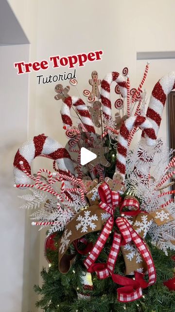 Emily Waldo on Instagram: "🍪 TREE TOPPER TUTORIAL! 💥 Thank you for your requests for this video ~ I love making tutorials based on your holiday needs! Today we are making a GIANT (but budget friendly) tree topper! 

What you’ll need: 

- large statement pieces. I got the candy canes from Hobby Lobby and they were budget friendly!
- a variety of “medium” sized sprays that have multiple elements. See how some have snowflakes and peppermint elements? 
- your “focal point” sprays. In this case we used gingerbread cookies to really tie in the theme! You can add your lime green or other colors here. 
- a bow (optional). To be honest I normally don’t do large bows for my tree toppers, but it’s all just based on whatcha like! 

In total you’ll want anywhere from 15-20 sprays of all prices to get Candy Cane Tree Topper Diy, Cupcake Tree Topper, Diy Xmas Tree Topper, Tree Topper Ideas Christmas, How To Make A Tree Topper, How To Make A Christmas Tree Topper, Homemade Tree Topper, Christmas Tree Topper Tutorial, Candy Tree Topper