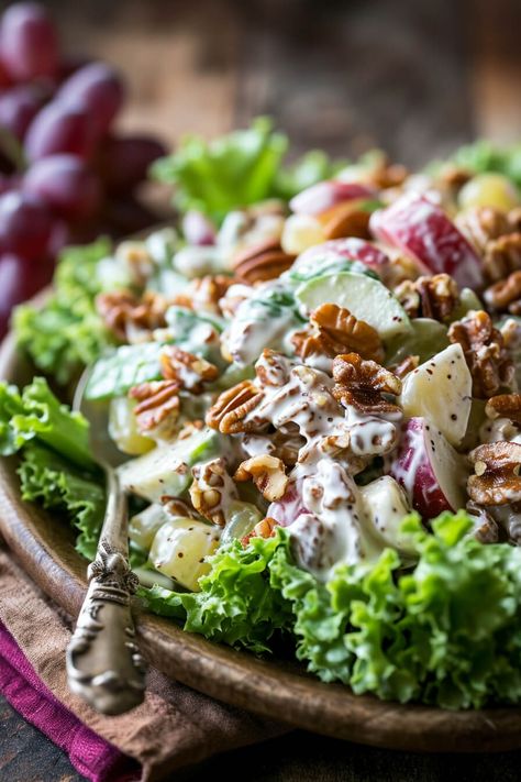 Waldorf Salad Revealed: Secrets of the Iconic Recipe Unfolded! - CozyLifeJournal Vegetarian Waldorf Salad, Delish Salad Recipes, Brie Salad Recipes, Elegant Salad Recipes, Best Thing I Ever Ate Recipes, Waldorf Salad Recipe Original, Dinner Salads Recipes Main Courses, Gourmet Salad Recipes, Waldorf Salad Recipe Healthy