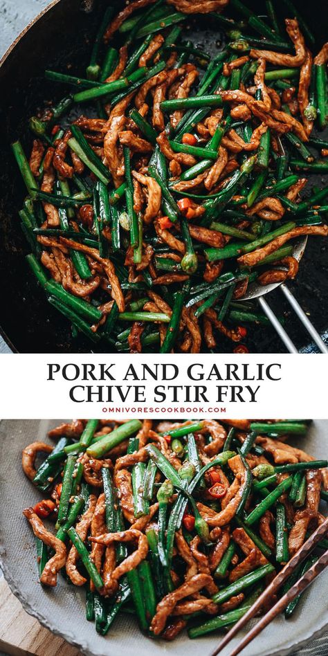 Stir Fry With Pork, How To Cook Garlic, Chives Recipe, Garlic Scapes, Chinese Recipe, Green Garlic, Pork Stir Fry, Weekday Dinner, Garlic Chives