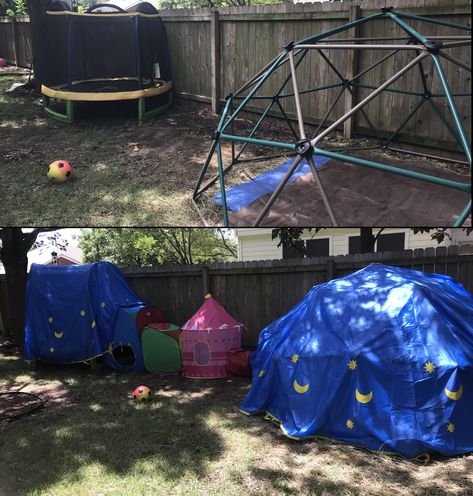 What do you do when your kids start to get a little tired of a trampoline, climbing dome, and pop-up tents? Get a couple of those cheap party parachutes and DIY a giant outdoor tent-castle. Climbing Dome Ideas, Climbing Dome, Backyard Play Spaces, Backyard Trampoline, Outdoor Fun For Kids, Best Trampoline, Diy Gym, Kids Climbing, Outdoor Play Area