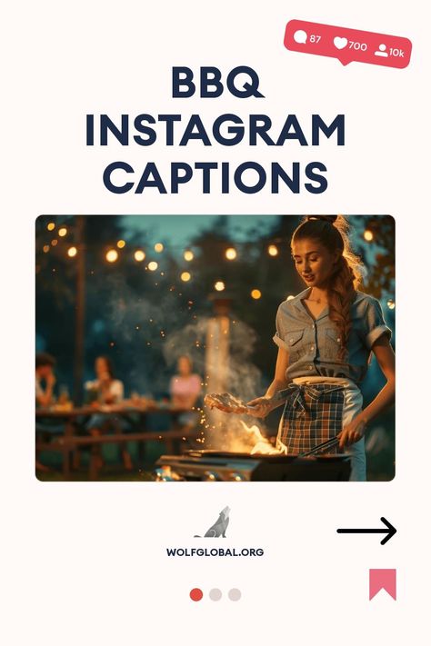 Promotional graphic for BBQ Instagram captions featuring a woman grilling with a fiery backdrop.
Graphic with a list of playful barbecue-themed phrases and a 'Get 100+ more' button at the bottom.
A woman with a crown doodle using a laptop surrounded by social media icons and an invite to join an Instagram Engagement Pod. Tequila Captions, Spicy Sayings, New Years Instagram Captions, Lit Captions, New Year Post, Good Insta Captions, Instagram Games, Cool Captions, Captions For Instagram