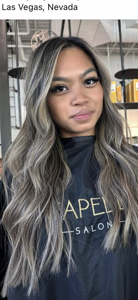 Beige Blonde Babylights On Dark Hair, Ashy Blonde On Black Hair, Brown Balayage Ashy Brown, Dark Lowlights On Blonde Hair, Light Blonde Balayage On Dark Hair, Ash Brown Dimensional Hair, Brown Hair With Ashy Blonde Highlights, Black Hair Ash Highlights, Ashy Bronde Balayage Dark Roots