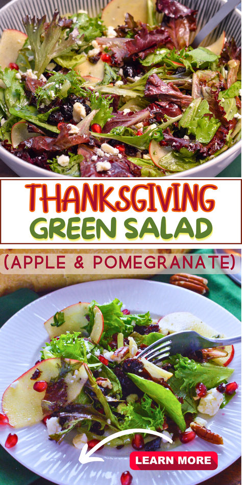 3 thanksgiving green salad photos, top in a bowl and bottom photo on a white small plate with this apple slices, pomegranate perils and crumbly cheese. Green Salad Recipes Thanksgiving, Best Green Salad For Thanksgiving, Green Salad With Apples And Cranberries, Thanksgiving Salad Recipes Pomegranate, Green Salad Recipes For Thanksgiving, Mixed Green Salad Recipes Thanksgiving, Thanksgiving Salad With Pomegranate, Green Salad Thanksgiving, Thanksgiving Spinach Salad