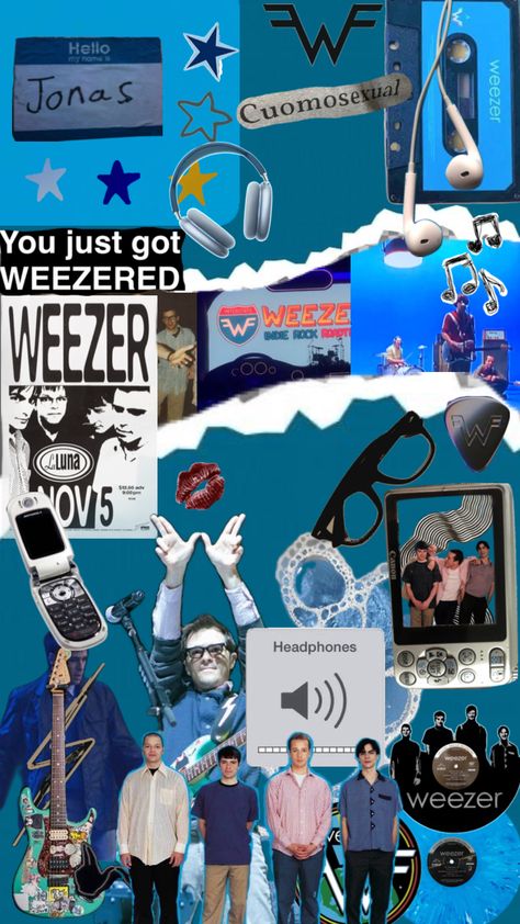 #weezer #riverscuomo #brianbell #patrickwilson #mattsharp #bluealbum #aesthetic #wallpapercollage #band #fyp Weezer Phone Background, Weezer Wallpaper Iphone, Abc Wallpapers, Weezer Background, Weezer Aesthetic Poster, Weezer Wallpapers, Weezer Aesthetic, Weezer Blue Album Cover, Weezer Blue Album Cover Funny