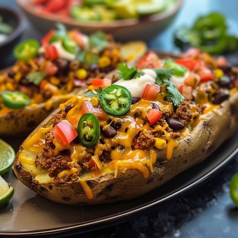 Taco Stuffed Baked Potatoes - Recipes, Tasks & Tools Taco Potatoes, Patty Melt Recipe, Baked Cream Cheese Spaghetti, Stuffed Baked Potatoes, Best Macaroni Salad, Spicy Tacos, Potato Tacos, Taco Fillings, Queso Cheddar