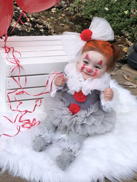 Baby Pennywise IT clown Halloween costume baby girl Baby It Costume Clown, It Baby Costume Clown, Baby 1st Halloween Costume Girl, Halloween Baby Costumes Girl, Baby Pennywise Costume, Diy Baby Girl Halloween Costumes, Scary Baby Halloween Costumes, Baby Girl Halloween Costumes Infant, Newborn Halloween Costumes Girl