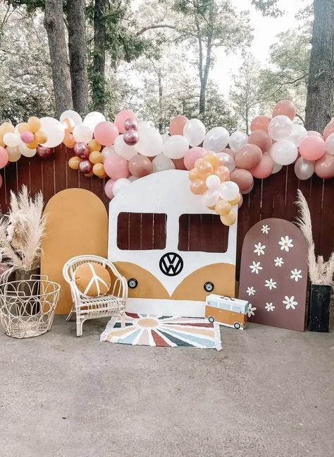 Diy Vw Bus Photo Prop, Groovy Parade Float Ideas, Groovy Party Ideas, Groovy Birthday Party Ideas, Two Groovy Party, Two Groovy Birthday Party, Hippie Baby Shower, 2 Groovy, Two Groovy Birthday