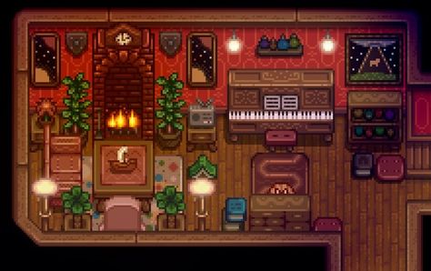 Stardew Valley Indoor Design, Stardew Furnace Area, Stardew Valley Home Interior Aesthetic, Shed Interior Stardew Valley, Stardew Valley Interior Design Living Room, Stardew Valley Library Room, Dark Academia Stardew Valley House, Stardew Valley House Interior Retro, Big Shed Design Stardew Valley