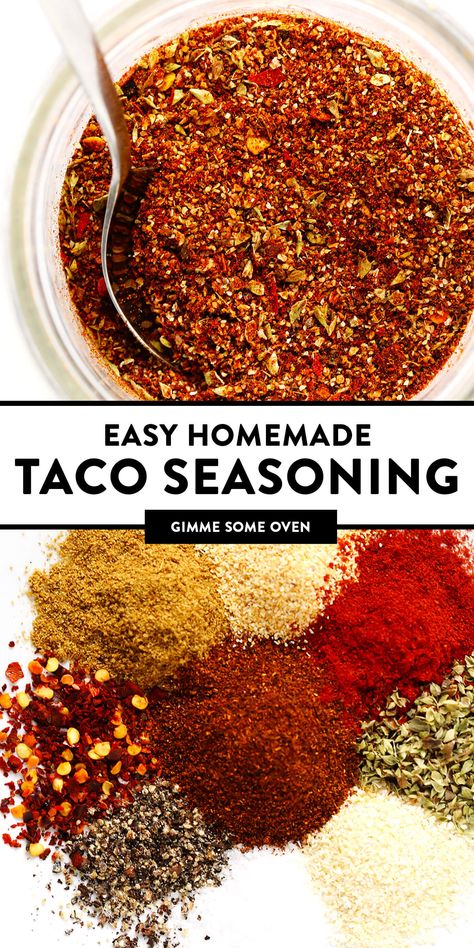 This homemade taco seasoning recipe is easy to make in just a few minutes with ingredients you already have in your spice cabinet. And it tastes great with everything from proteins (chicken, beef, pork, shrimp, tofu, etc.) to veggies, rice, beans, dips, salsa and more. | gimmesomeoven.com Diy Taco Seasoning, Keto Taco Seasoning, Make Taco Seasoning, Shake It Up, Homemade Taco Seasoning Mix, Homemade Taco Seasoning Recipe, Taco Mix, Taco Seasoning Recipe, Taco Seasoning Packet