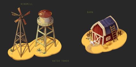 Isometric farm concepts, Magic Tea on ArtStation at https://www.artstation.com/artwork/9No1PW Farm Concept Art, Isometric Farm, Farm Map, Wind Fan, Magic Tea, 3d Scene, Props Art, Water Mill, Water Tower