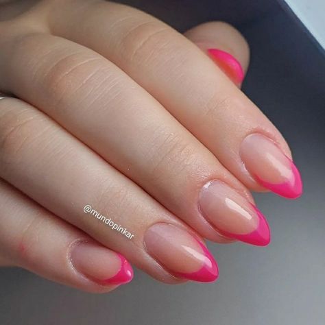 Fushia Tip Nails, Hot Pink French Tip Nails Oval, Fuschia Tip Nails, French Tip Nails Dark Pink, Pink Tip Oval Nails, Fuschia Pink Nail Designs, Fushia French Tips, Hot Pink Oval Acrylic Nails, Fuschia French Tip Nails