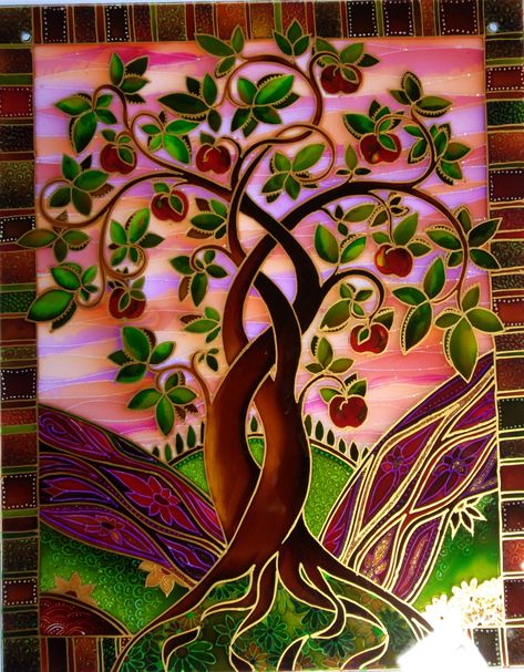 "Entwined Apple Tree" Original painted glass/ Stained glass style pannel. By the glass orchard Glasses Painting Ideas, Glasses Painting, Glass Painting Patterns, Nature Logo, Tree Of Life Art, Glass Painting Designs, Painted Glass Art, Stained Glass Paint, Art Stained