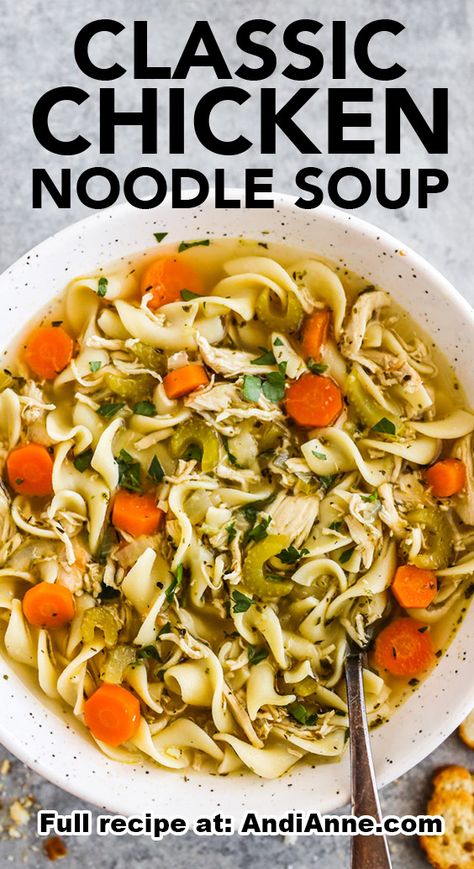 Chicken noodle soup is a classic comfort food. It’s a warm and hearty dish that can be easily customized to fit any taste preferences. Our best chicken noodle soup recipe consists of flavorful chicken, healthy vegetables, tender noodles, all in a comforting broth. Chicken Noodle And Vegetable Soup, Chicken Noodle Soup With Dill, Chicken Noodle Soup Small Batch, Chicken Noodle Soup One Pot, Bone In Chicken Noodle Soup, Classic Chicken Noodle Soup Homemade, Low Cal Chicken Noodle Soup, Soup For Sickness Immune System, Chicken Noodle Soup With Whole Chicken