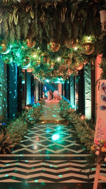 Sangeet Walkway Decor, Disco Theme Sangeet Decor, Glitz And Glam Sangeet Decor, Sangeet Pathway Decor, Pathway Decor Wedding, Sangeet Aesthetic, Sangeet Theme Ideas, Indian Sangeet Decor, Sangeet Entrance