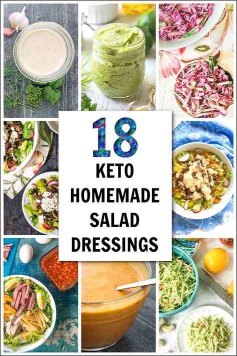 collage of salads and dressings with text Keto Salad Dressing Recipes Easy, Keto Salad Dressings, Keto Salad Dressing Recipes, Low Carb Salads, Keto Sauce, Low Carb Salad Dressing, Keto Salad Dressing, Easy Salad Dressing Recipes, Low Carb Healthy