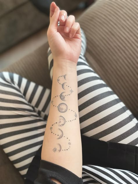 Forearm Moon Phase Tattoo, Moonphase Tattoo, Phase Tattoo, Witchy Tattoos, Moon Phases Tattoo, Celestial Tattoo, Planet Tattoos, Forearm Tattoo Women, Arrow Tattoo