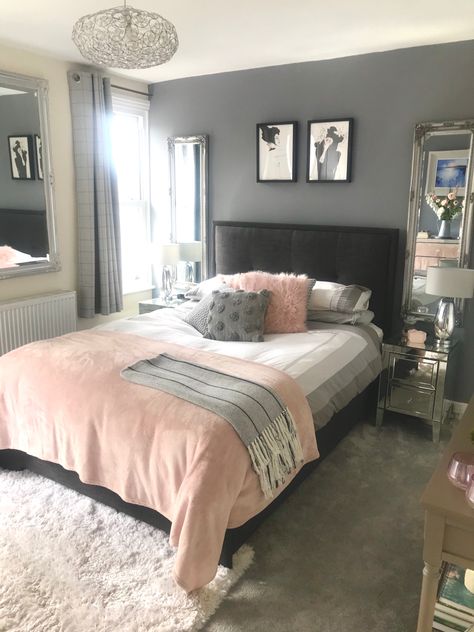 Pink Greyish Bedding, Gray Bed Pink Sheets, Light Pink And Black Bed Set, Black Sheets Pink Comforter, Pink Fluffy Comforter Set Queen, Pink Bedroom, Stylish Bedroom, Guest Bedrooms, Pink Grey