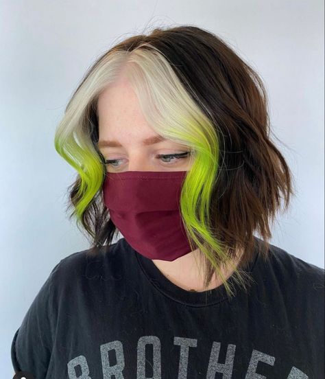 Blonde Hair With Vivid Money Piece, Neon Green Money Piece, Green Face Frame Hair, Vivid Hair Color Short Bobs, Money Piece Hairstyle Up, Lime Green Skunk Stripe Hair, Neon Green And Brown Hair, Shag Hair Dye, Pink And Lime Green Hair