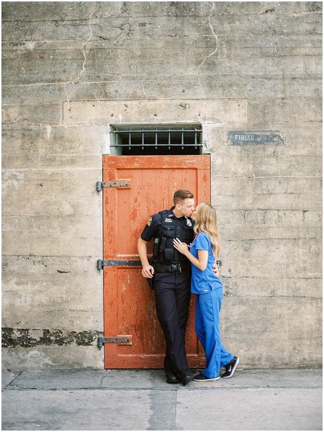 Police officer and nurse engagement pictures, cutest engagement photo, police officer and nurse engagement session, st petersburg photographer, tampa photographer Nurse Couple Pictures, Police Wife Aesthetic, Cop And Nurse Couple, Nurse Engagement Photos, Police And Nurse Couple Photos, Police Officer Engagement Pictures, Police Officer Pictures, Police Engagement Photos, Police Couple