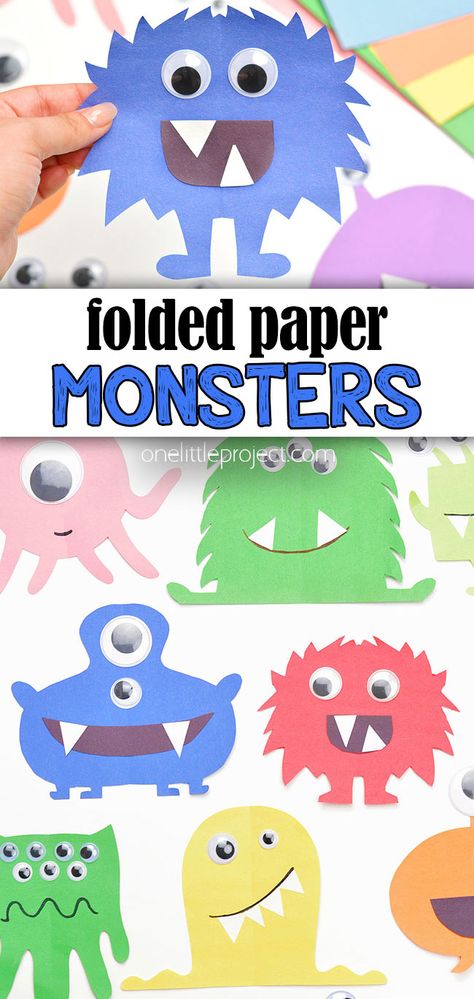 Folded Paper Monsters | Easy Monster Craft for Kids Folding Paper Activities For Preschool, Square Monster Craft, Paper Monster Crafts For Kids, Monster Puppet Craft, Kids Construction Paper Crafts, Easy Monster Crafts For Kids, Simple Construction Paper Crafts, Kids Crafts Construction Paper, Crafts With Googly Eyes